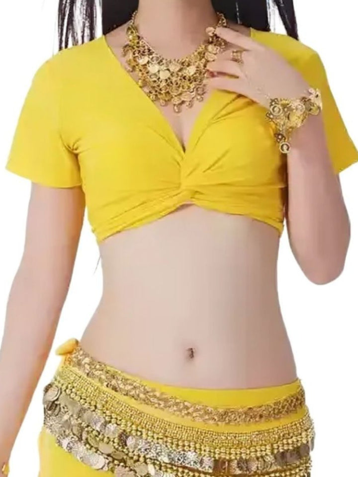 Costume de Danse Du Ventre à Manches Courtes avec Gilet Froncé et Cache-Cœur