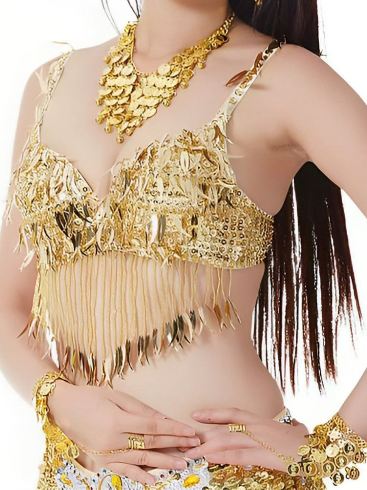 Soutien-Gorge Sans Manches à Pompons et Paillettes pour Danse Du Ventre