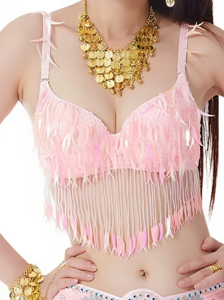 Soutien-Gorge Sans Manches à Pompons et Paillettes pour Danse Du Ventre