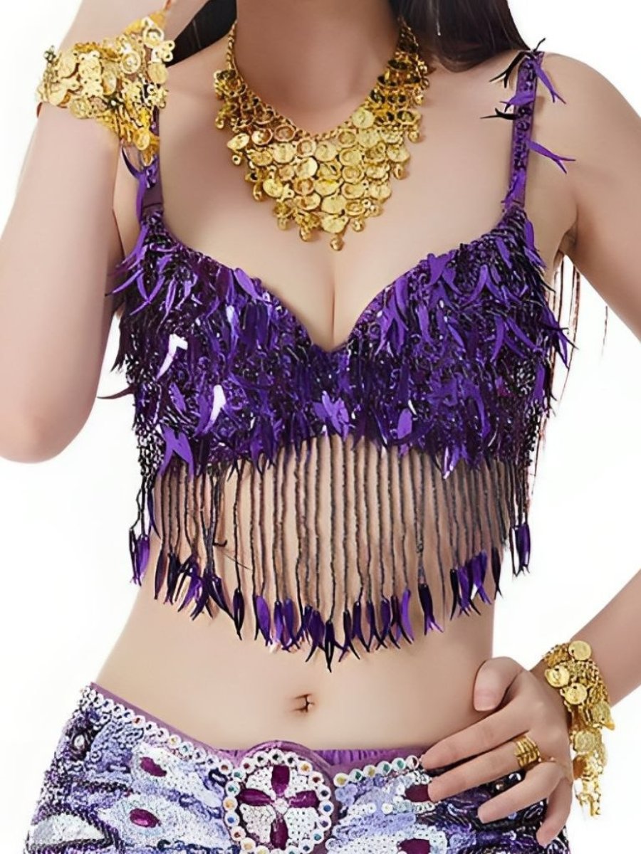 Soutien-Gorge Sans Manches à Pompons et Paillettes pour Danse Du Ventre