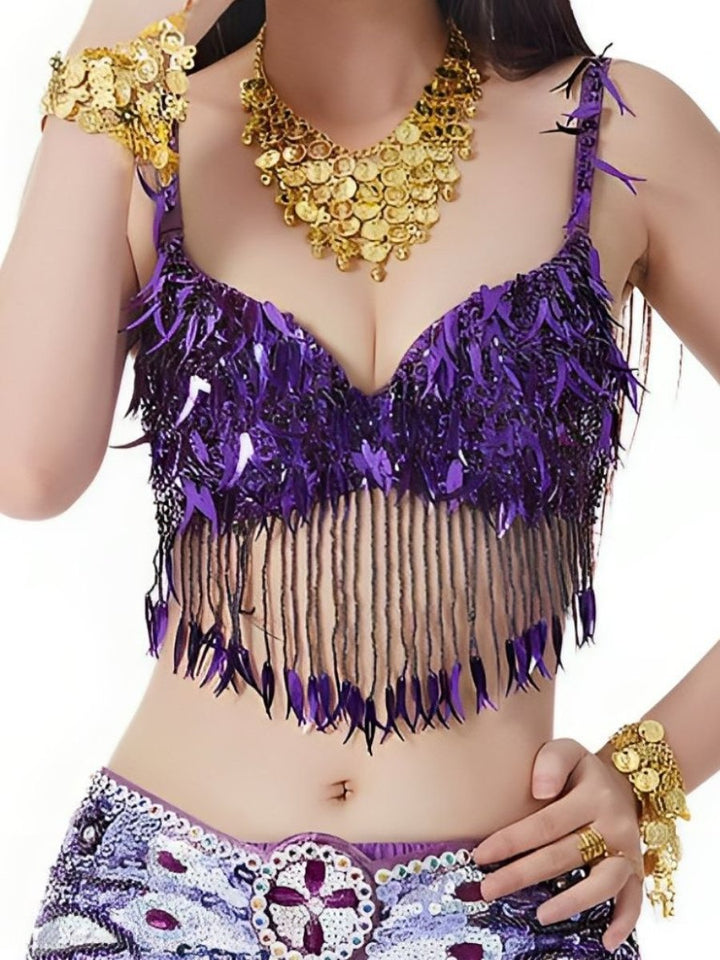 Soutien-Gorge Sans Manches à Pompons et Paillettes pour Danse Du Ventre