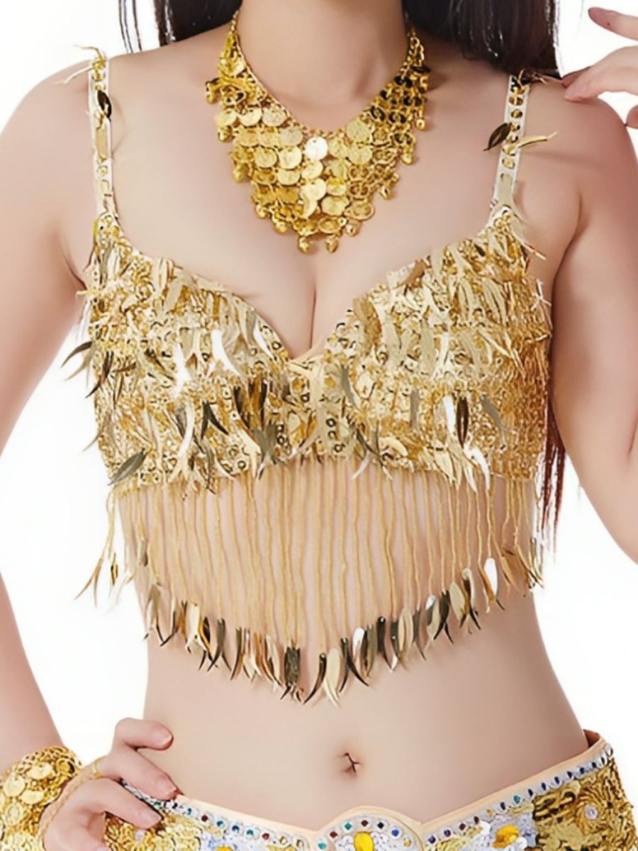 Soutien-Gorge Sans Manches à Pompons et Paillettes pour Danse Du Ventre