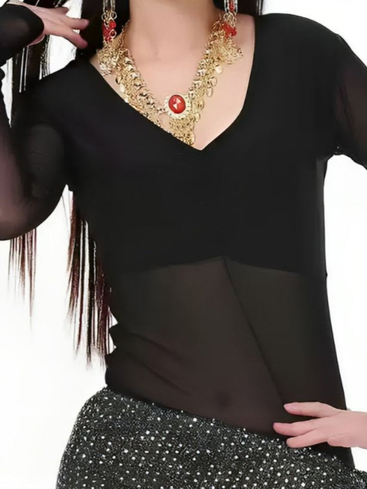 Costume de Danse Du Ventre à Col en V et Manches Longues Froncées avec Haut Long