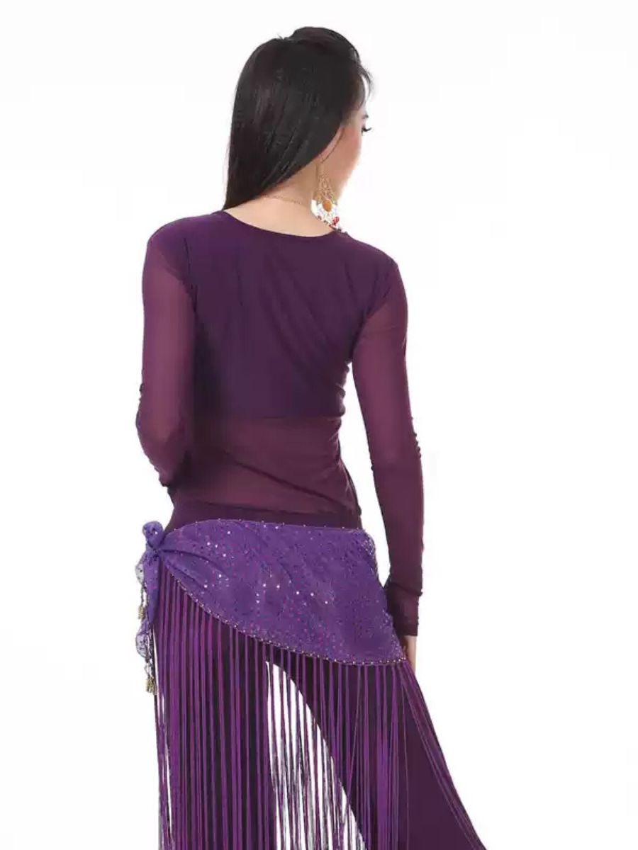 Costume de Danse Du Ventre à Col en V et Manches Longues Froncées avec Haut Long