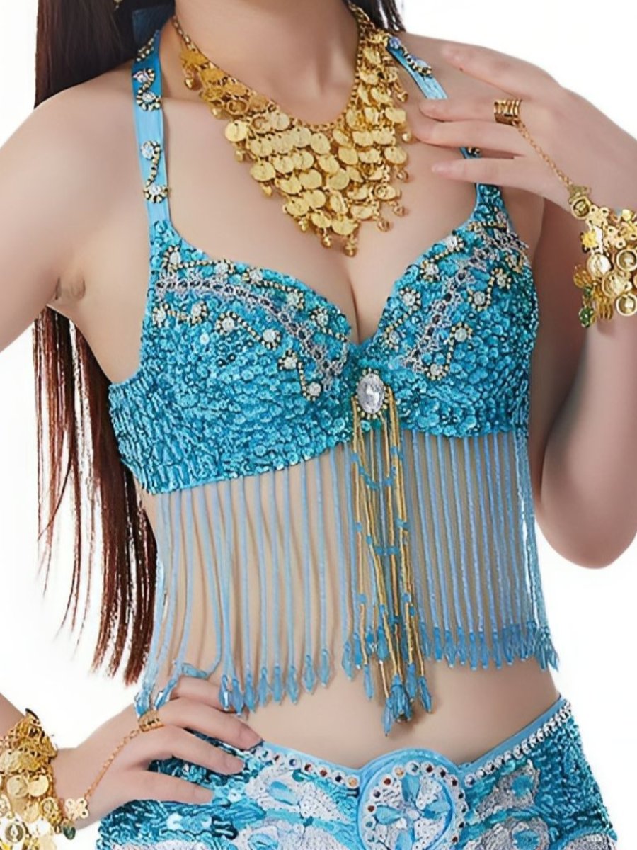 Soutien-Gorge de Danse Du Ventre Sexy à Paillettes et Pompons Sans Manches avec Strass et Perles