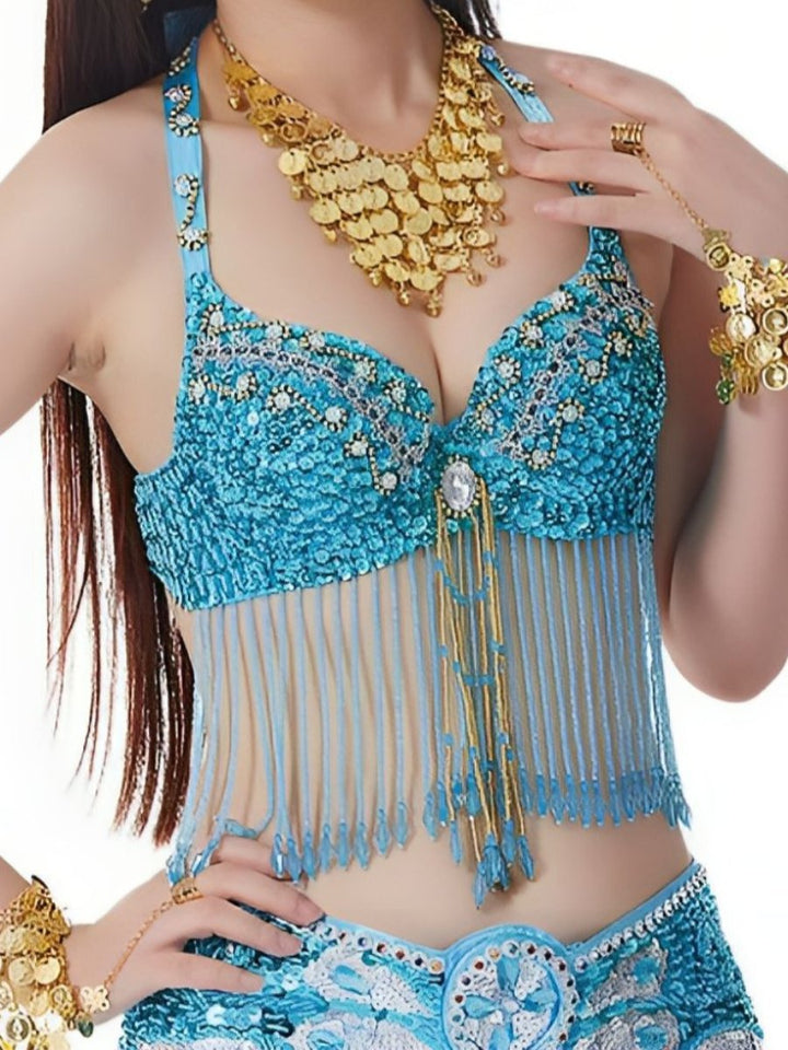 Soutien-Gorge de Danse Du Ventre Sexy à Paillettes et Pompons Sans Manches avec Strass et Perles