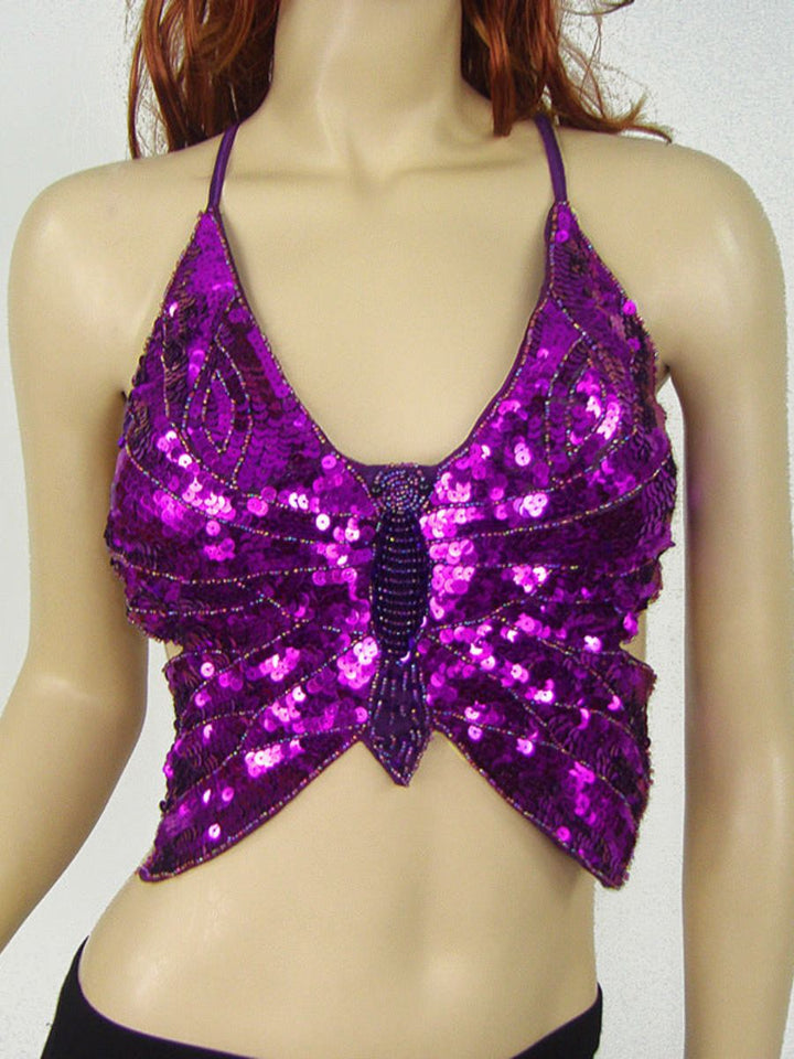 Danse Du Ventre Col en V Sans Manches Papillon Sexy Barre avec Perles et Paillettes