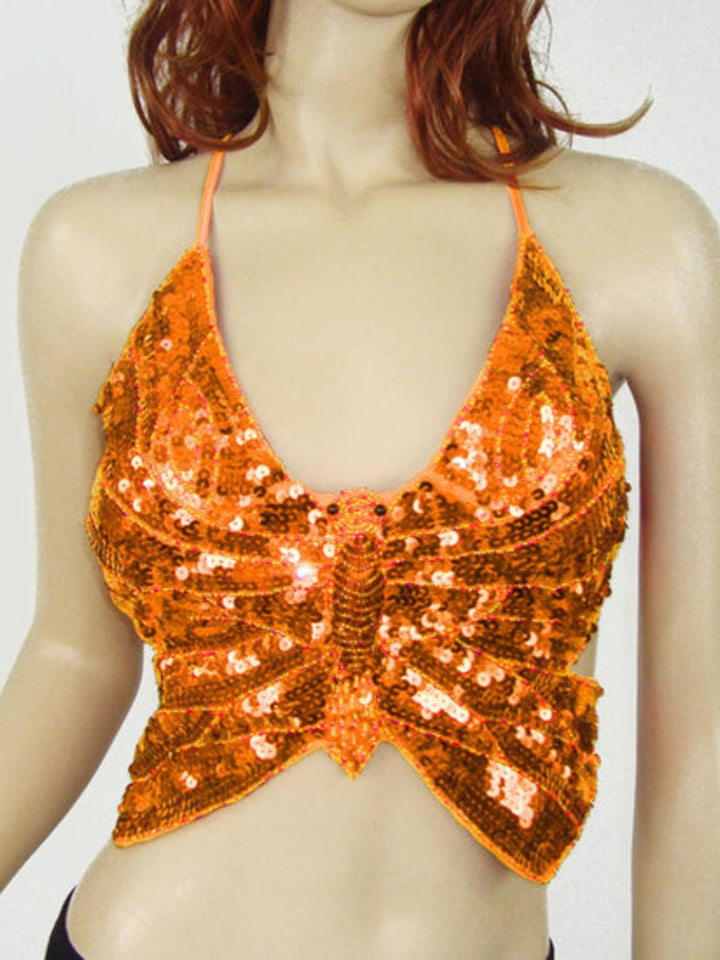 Danse Du Ventre Col en V Sans Manches Papillon Sexy Barre avec Perles et Paillettes