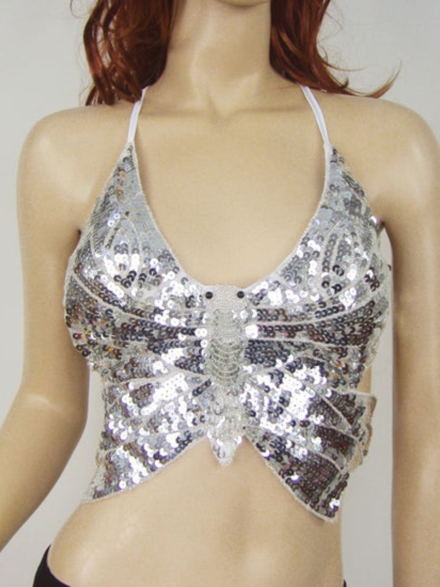 Danse Du Ventre Col en V Sans Manches Papillon Sexy Barre avec Perles et Paillettes
