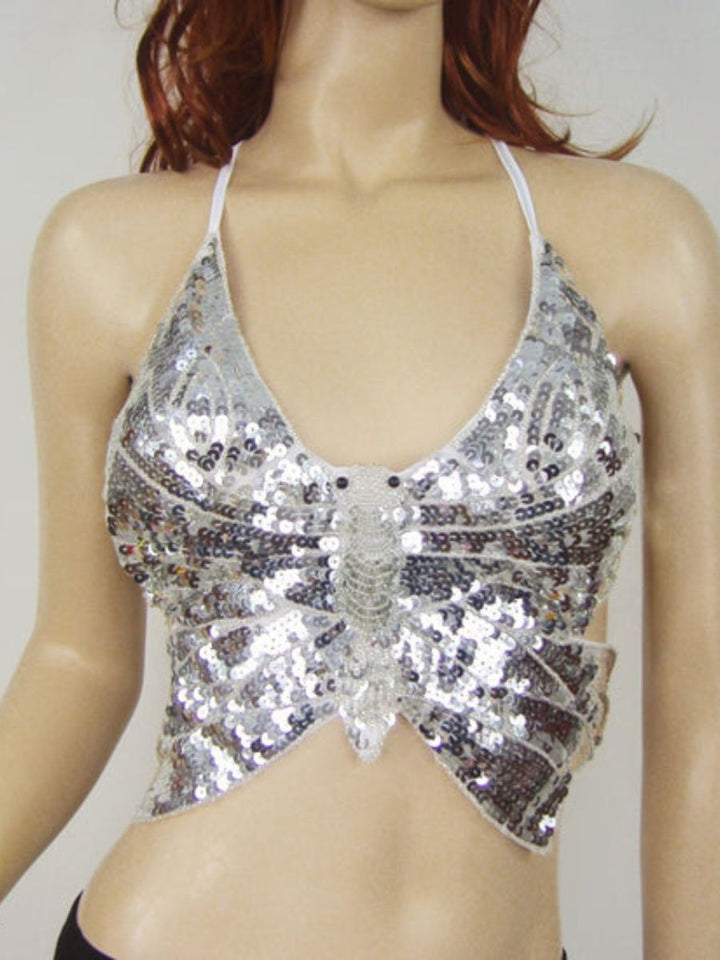 Danse Du Ventre Col en V Sans Manches Papillon Sexy Barre avec Perles et Paillettes