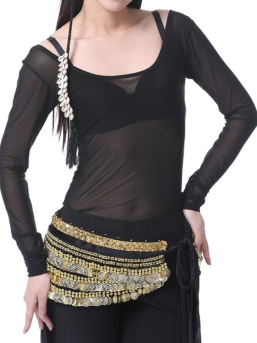 Costume de Danse Du Ventre Transparent à Manches Longues et Rondes