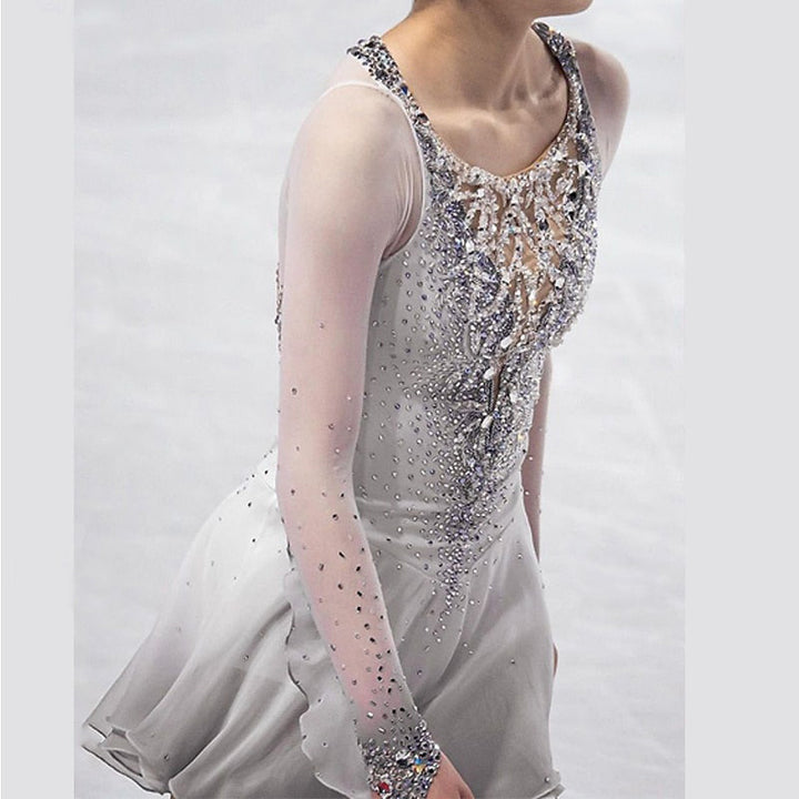Robe de Patinage Artistique à Manches Longues pour Femmes et Filles, Tenue D'Entraînement Scintillante avec Strass