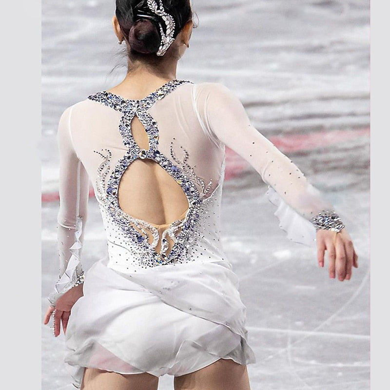 Robe de Patinage Artistique à Manches Longues pour Femmes et Filles, Tenue D'Entraînement Scintillante avec Strass