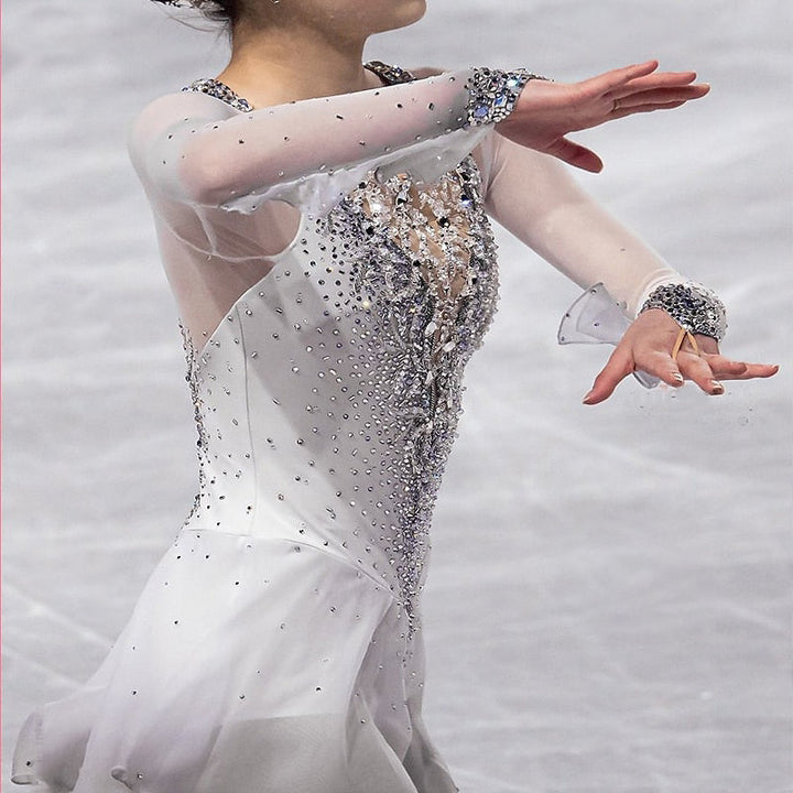 Robe de Patinage Artistique à Manches Longues pour Femmes et Filles, Tenue D'Entraînement Scintillante avec Strass