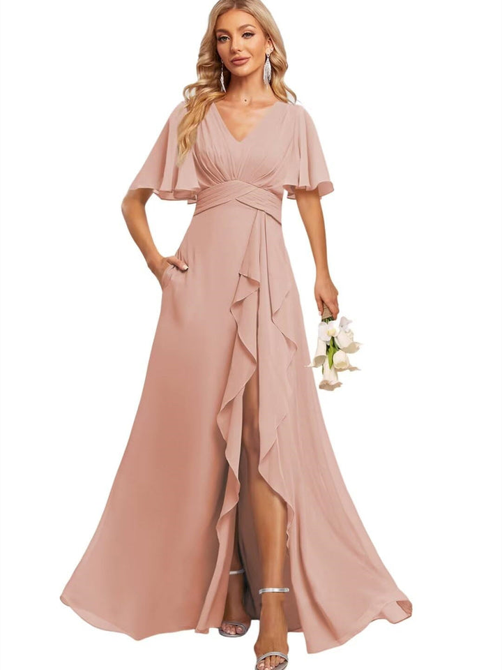 Ligne A Col en V Flutter Manche Floor Length  Robes de Demoiselle d'Honneur avec Poches  avec Slit Froufrous