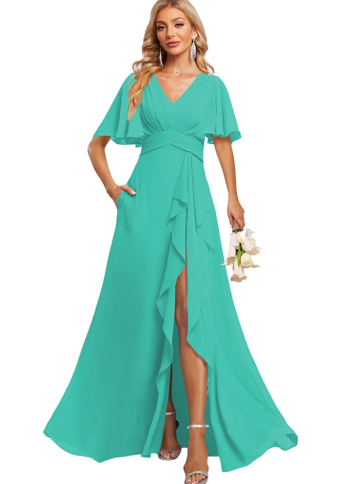 Ligne A Col en V Flutter Manche Floor Length  Robes de Demoiselle d'Honneur avec Poches  avec Slit Froufrous