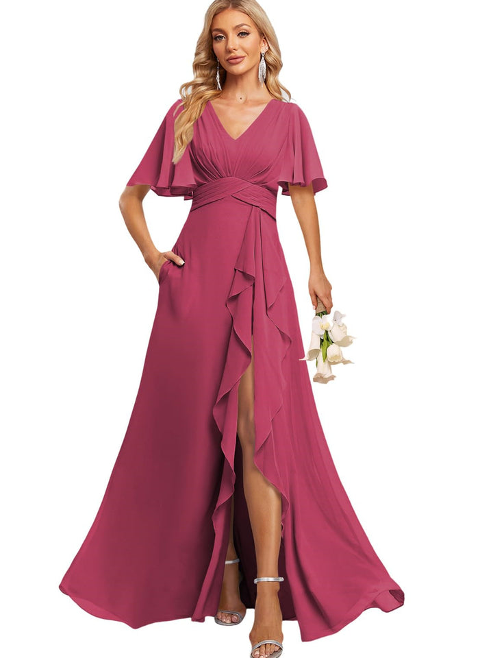 Ligne A Col en V Flutter Manche Floor Length  Robes de Demoiselle d'Honneur avec Poches  avec Slit Froufrous