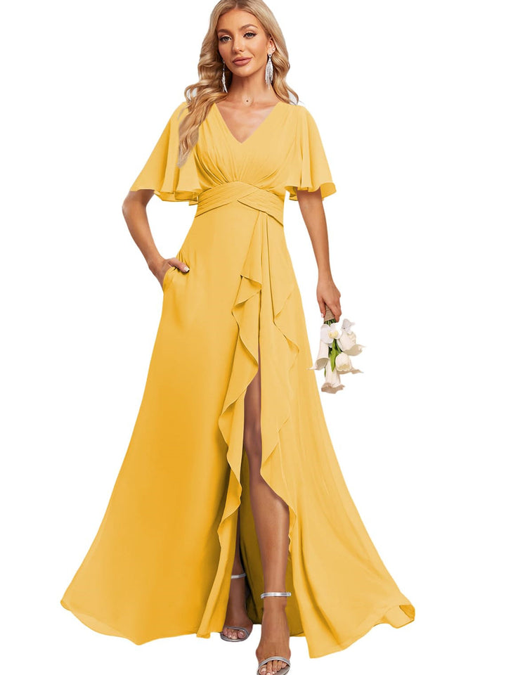 Ligne A Col en V Flutter Manche Floor Length  Robes de Demoiselle d'Honneur avec Poches  avec Slit Froufrous