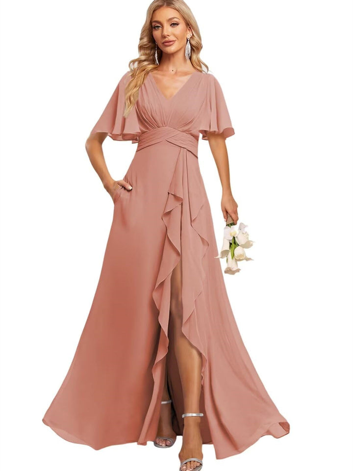 Ligne A Col en V Flutter Manche Floor Length  Robes de Demoiselle d'Honneur avec Poches  avec Slit Froufrous
