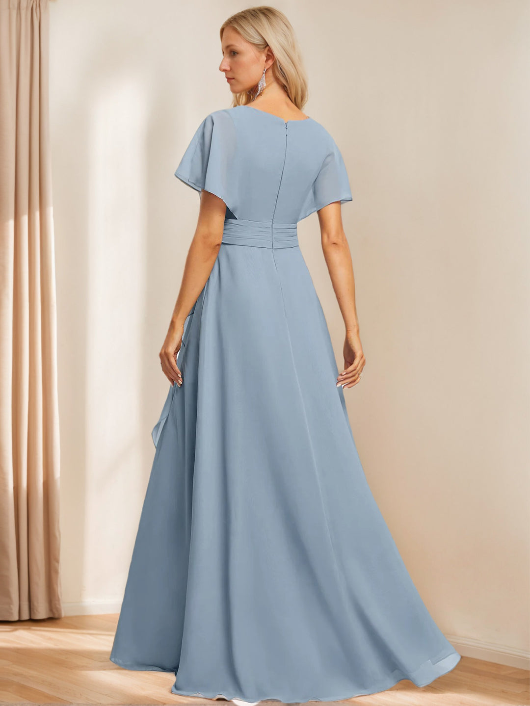 Ligne A Col en V Flutter Manche Floor Length  Robes de Demoiselle d'Honneur avec Poches  avec Slit Froufrous