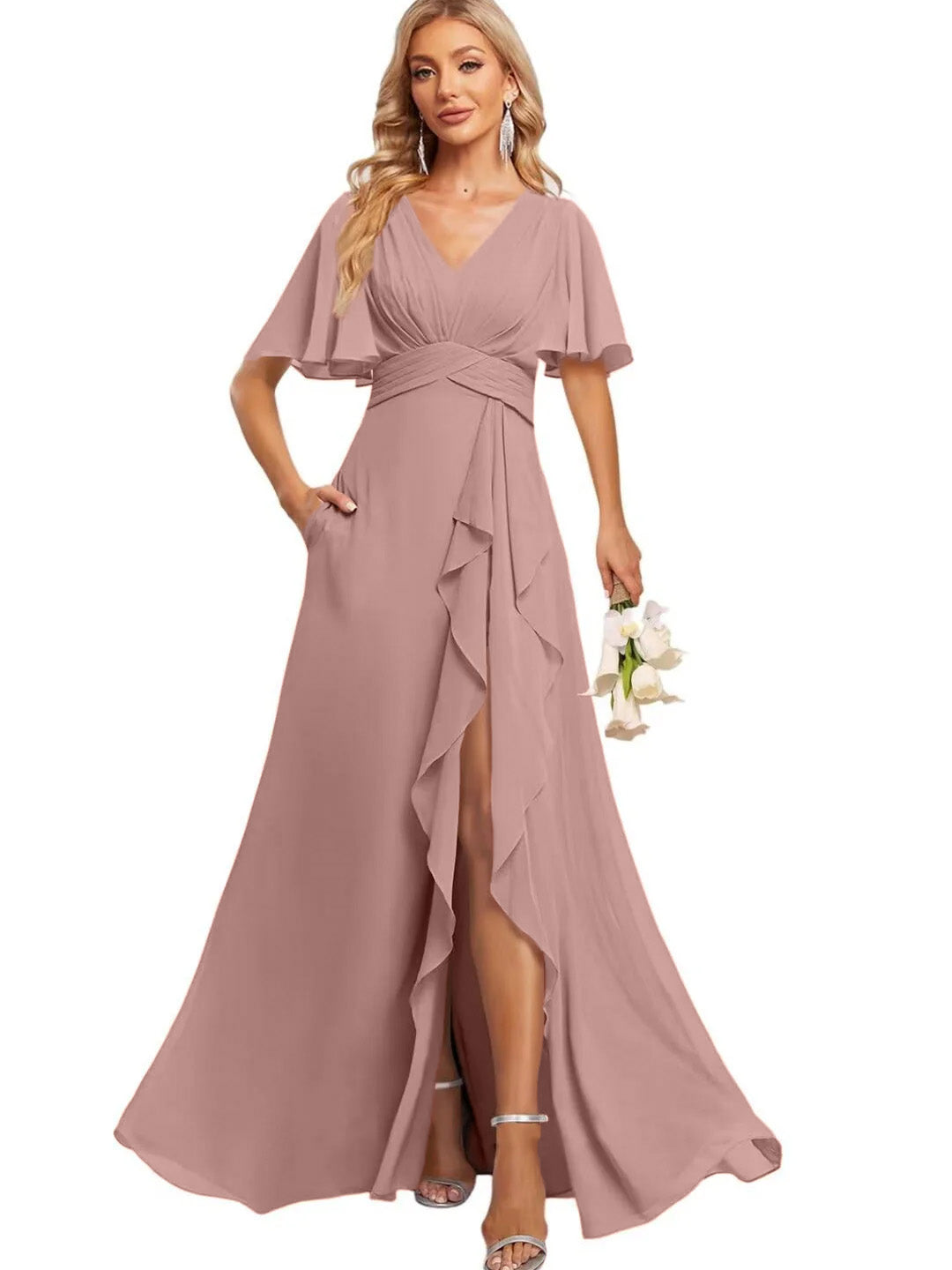 Ligne A Col en V Flutter Manche Floor Length  Robes de Demoiselle d'Honneur avec Poches  avec Slit Froufrous