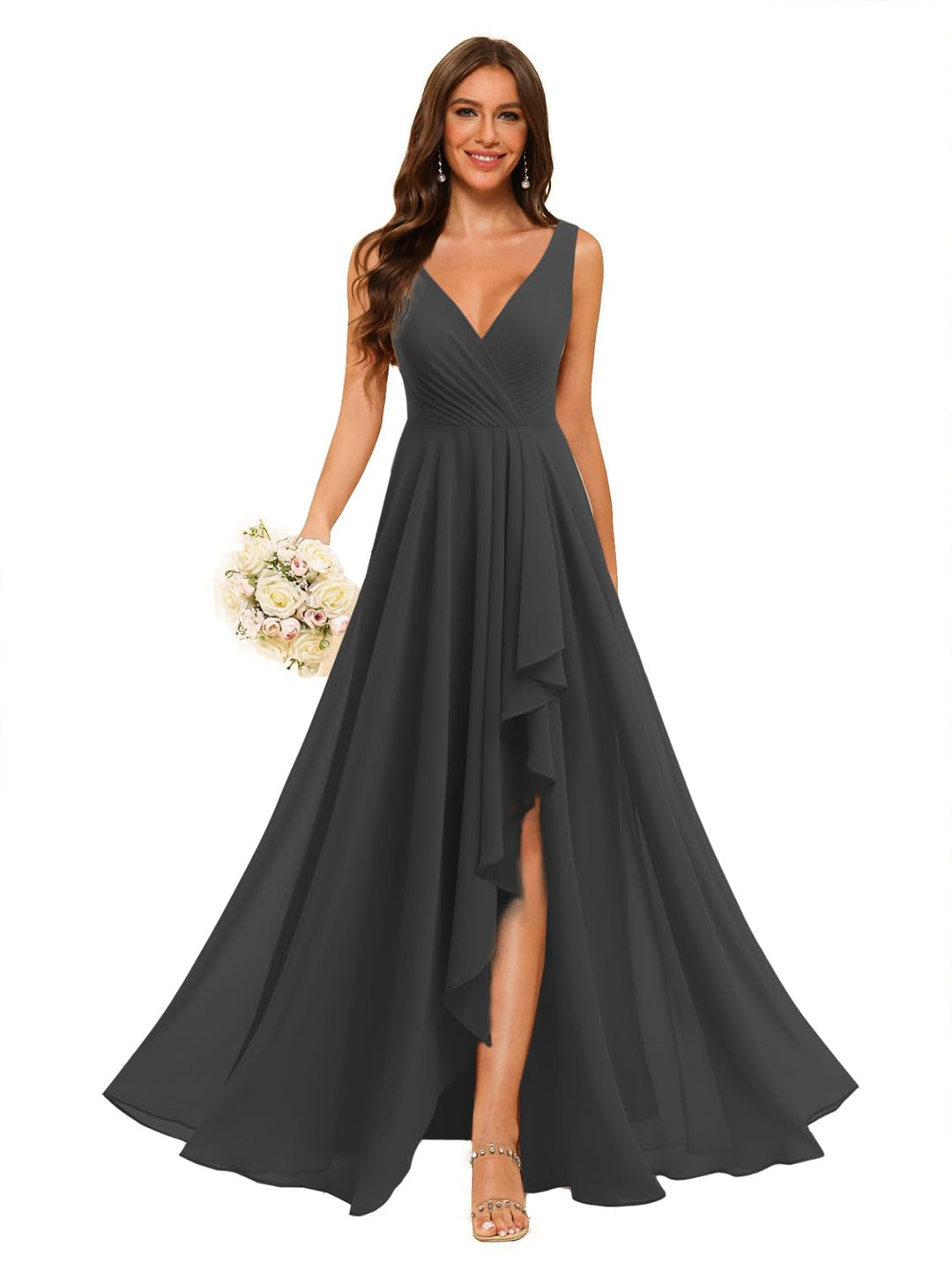 Ligne A/Princesse  Col en V Sans Manches Floor Length  Robes de Demoiselle d'Honneur Mousseline avec Slit Les Poches