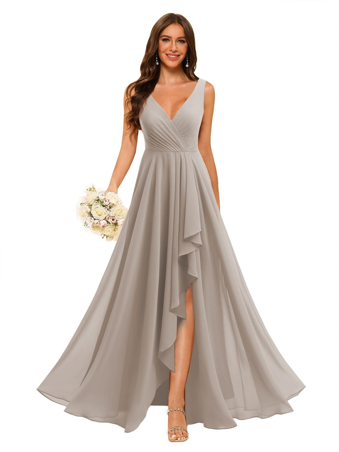 Ligne A/Princesse  Col en V Sans Manches Floor Length  Robes de Demoiselle d'Honneur Mousseline avec Slit Les Poches