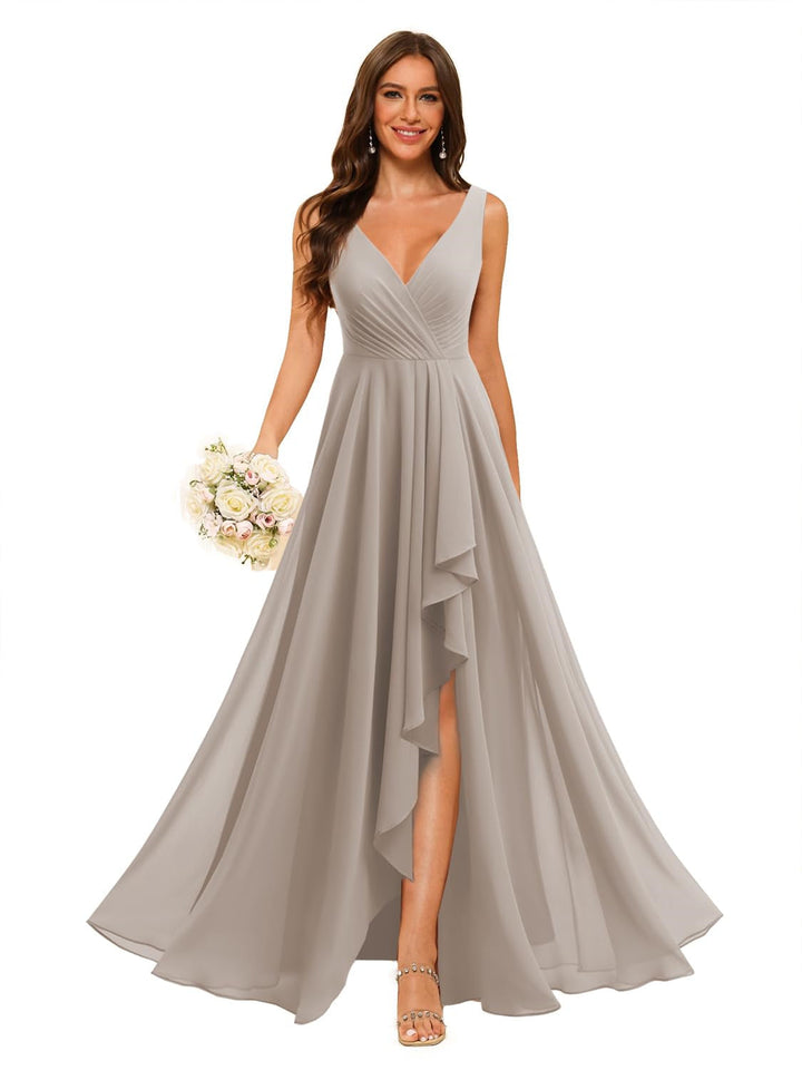 Ligne A/Princesse  Col en V Sans Manches Floor Length  Robes de Demoiselle d'Honneur Mousseline avec Slit Les Poches