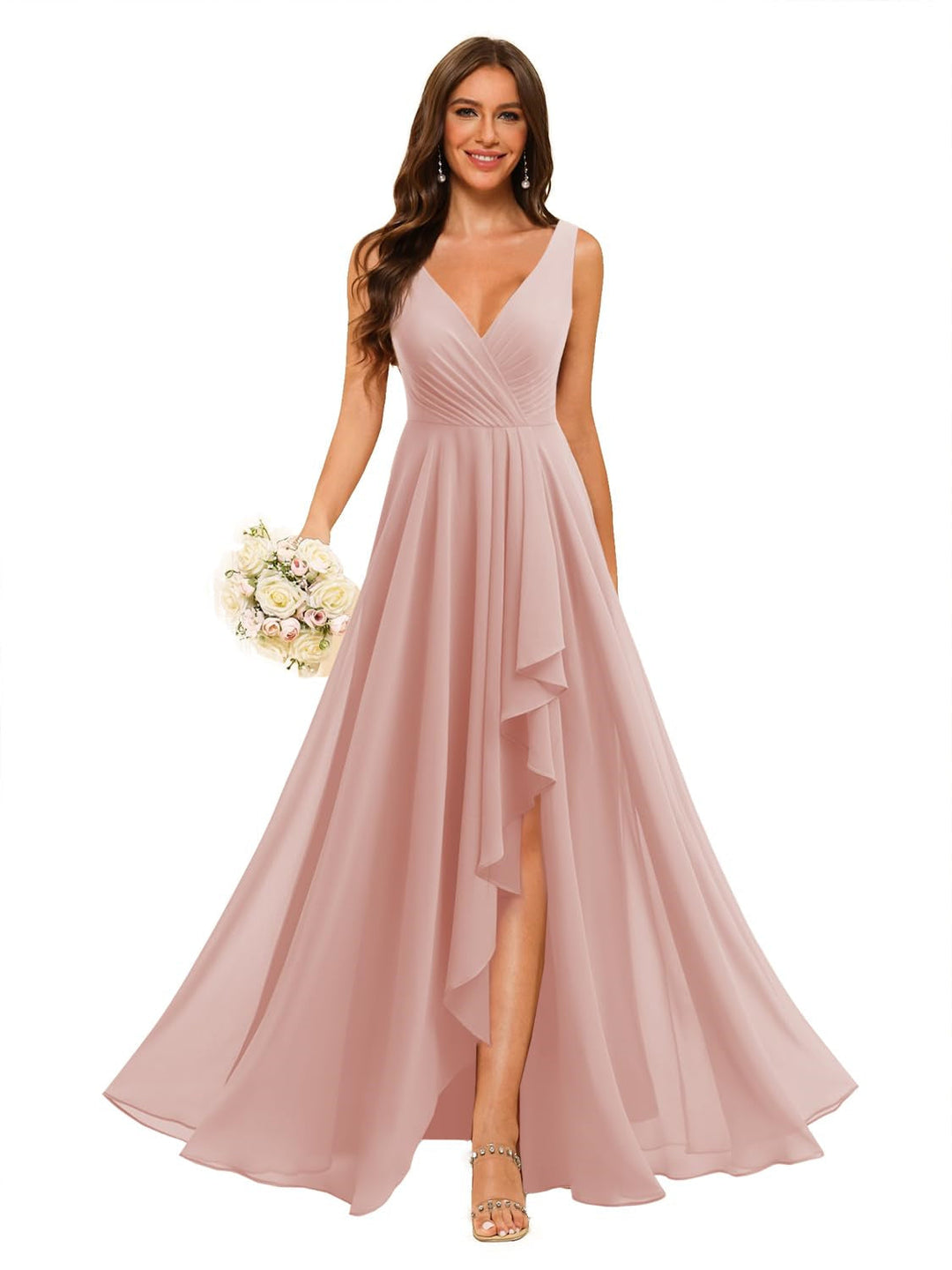 Ligne A/Princesse  Col en V Sans Manches Floor Length  Robes de Demoiselle d'Honneur Mousseline avec Slit Les Poches