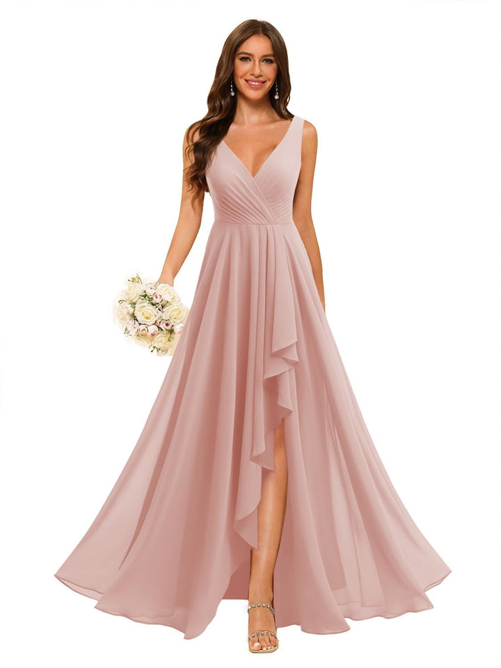 Ligne A/Princesse  Col en V Sans Manches Floor Length  Robes de Demoiselle d'Honneur Mousseline avec Slit Les Poches