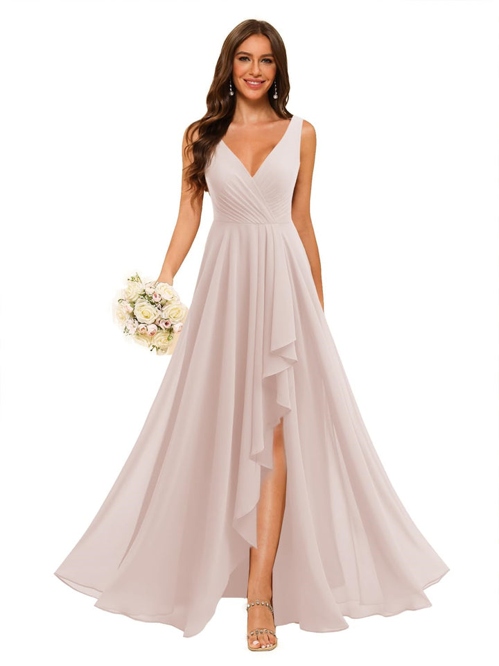 Ligne A/Princesse  Col en V Sans Manches Floor Length  Robes de Demoiselle d'Honneur Mousseline avec Slit Les Poches