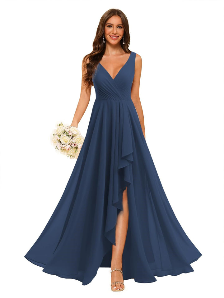 Ligne A/Princesse  Col en V Sans Manches Floor Length  Robes de Demoiselle d'Honneur Mousseline avec Slit Les Poches