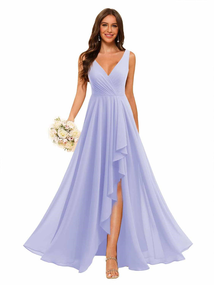 Ligne A/Princesse  Col en V Sans Manches Floor Length  Robes de Demoiselle d'Honneur Mousseline avec Slit Les Poches