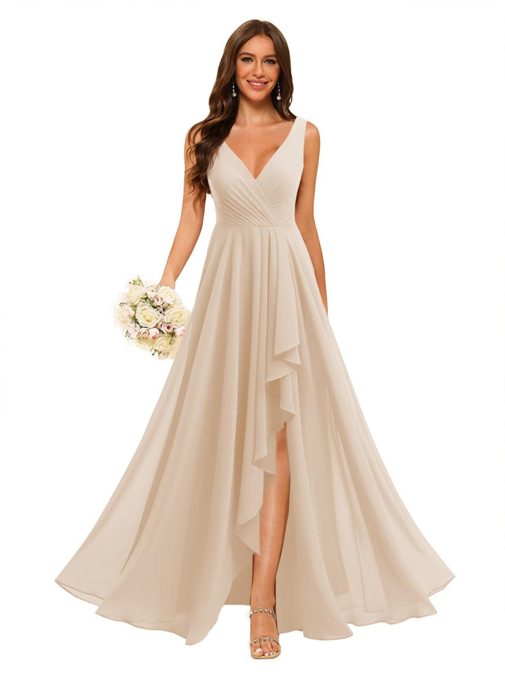 Ligne A/Princesse  Col en V Sans Manches Floor Length  Robes de Demoiselle d'Honneur Mousseline avec Slit Les Poches