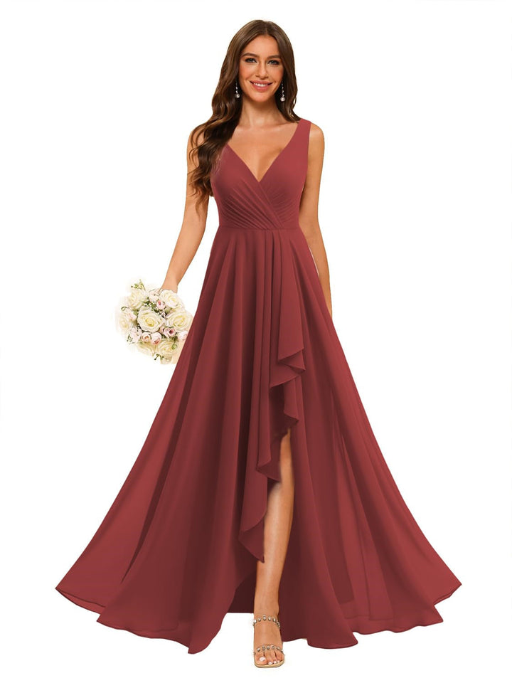 Ligne A/Princesse  Col en V Sans Manches Floor Length  Robes de Demoiselle d'Honneur Mousseline avec Slit Les Poches