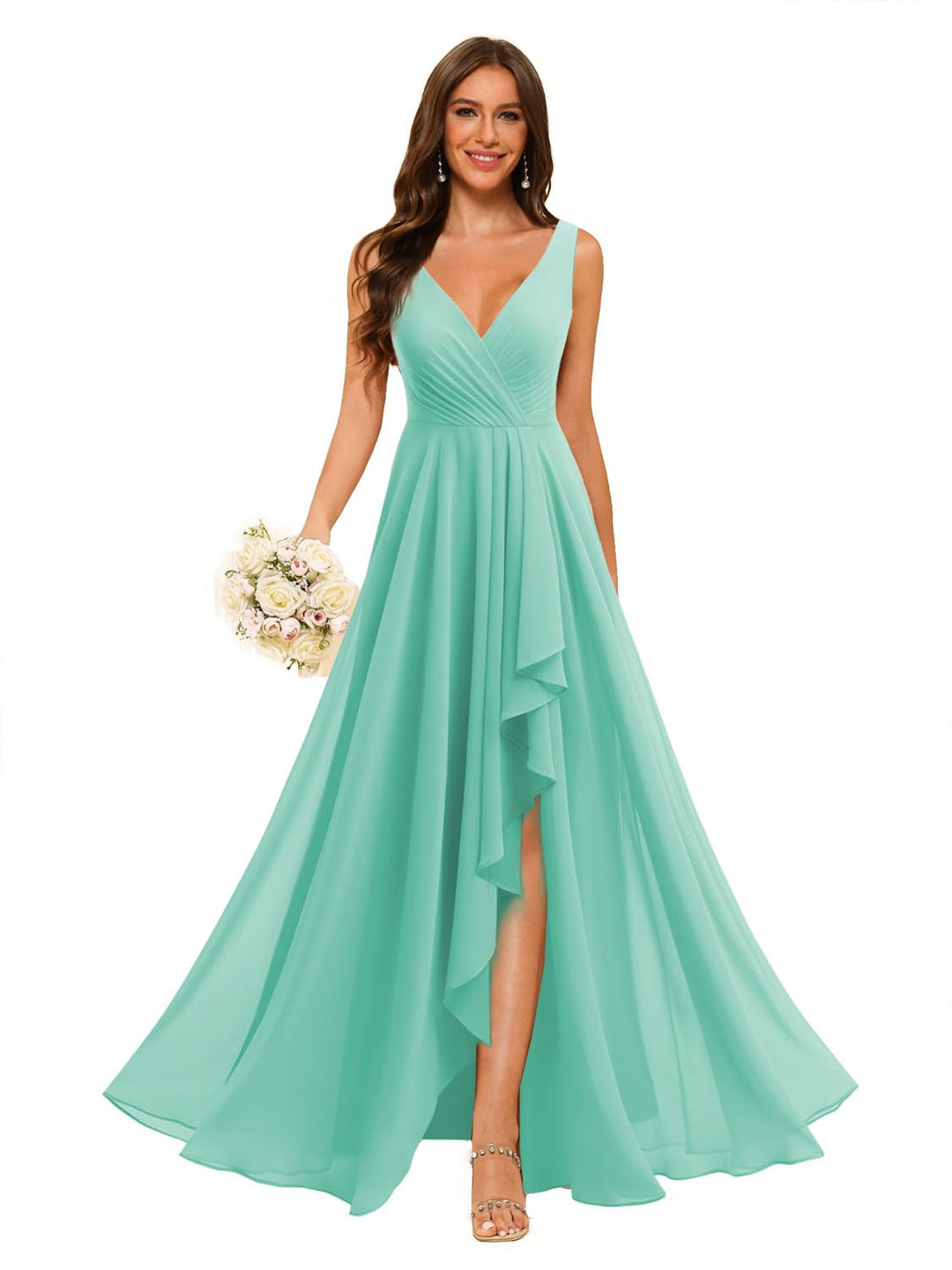 Ligne A/Princesse  Col en V Sans Manches Floor Length  Robes de Demoiselle d'Honneur Mousseline avec Slit Les Poches