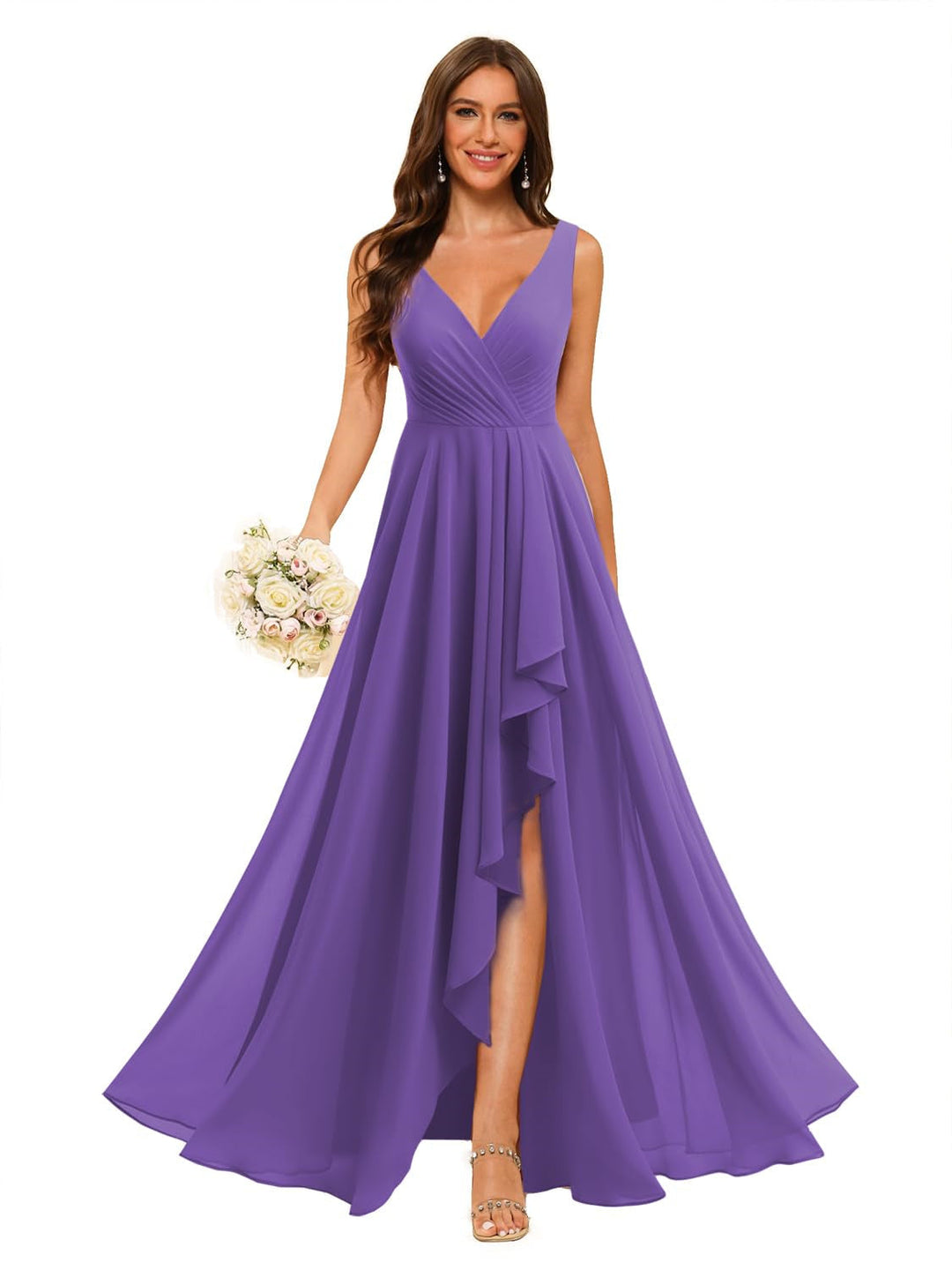 Ligne A/Princesse  Col en V Sans Manches Floor Length  Robes de Demoiselle d'Honneur Mousseline avec Slit Les Poches