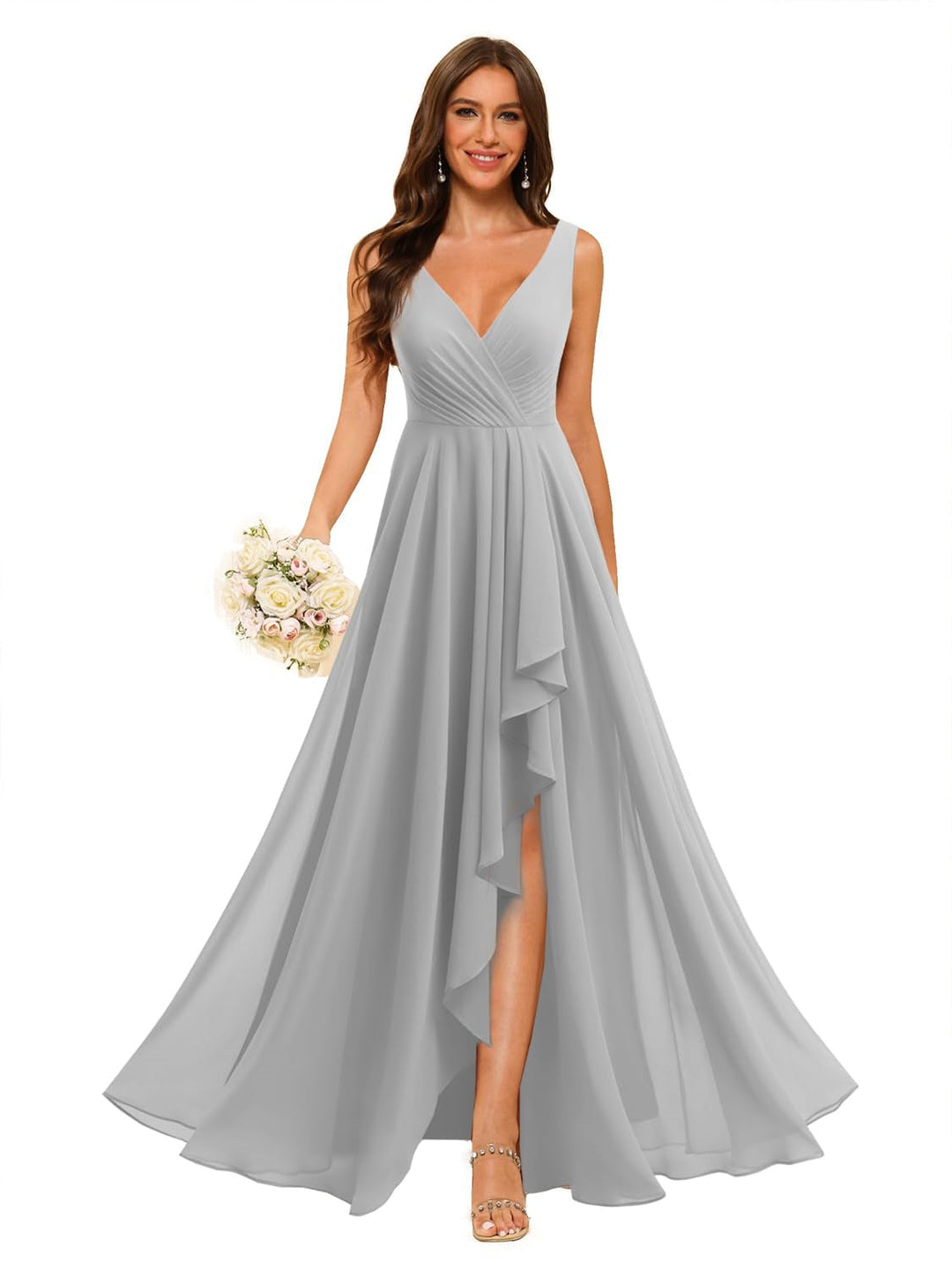 Ligne A/Princesse  Col en V Sans Manches Floor Length  Robes de Demoiselle d'Honneur Mousseline avec Slit Les Poches