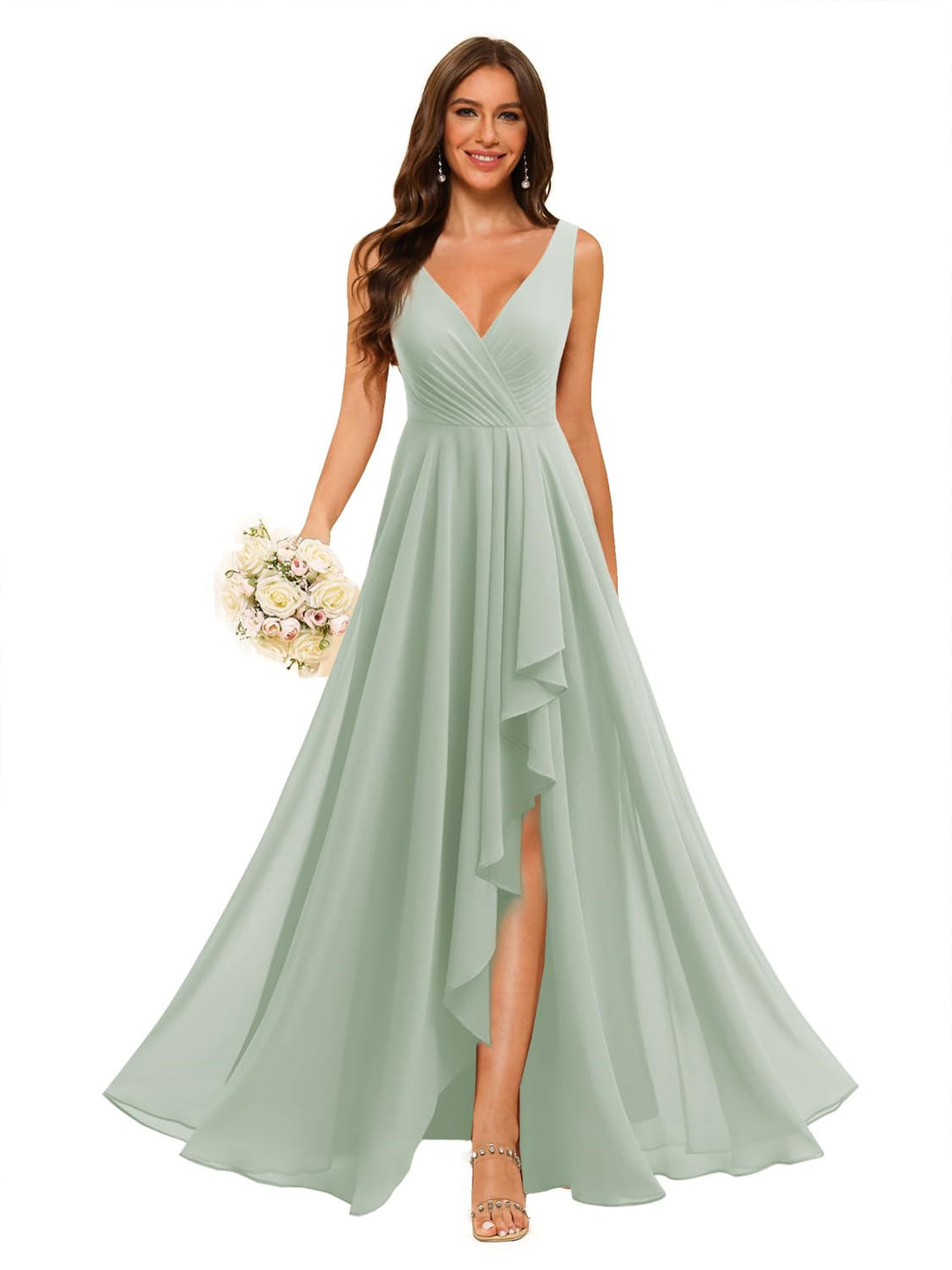 Ligne A/Princesse  Col en V Sans Manches Floor Length  Robes de Demoiselle d'Honneur Mousseline avec Slit Les Poches