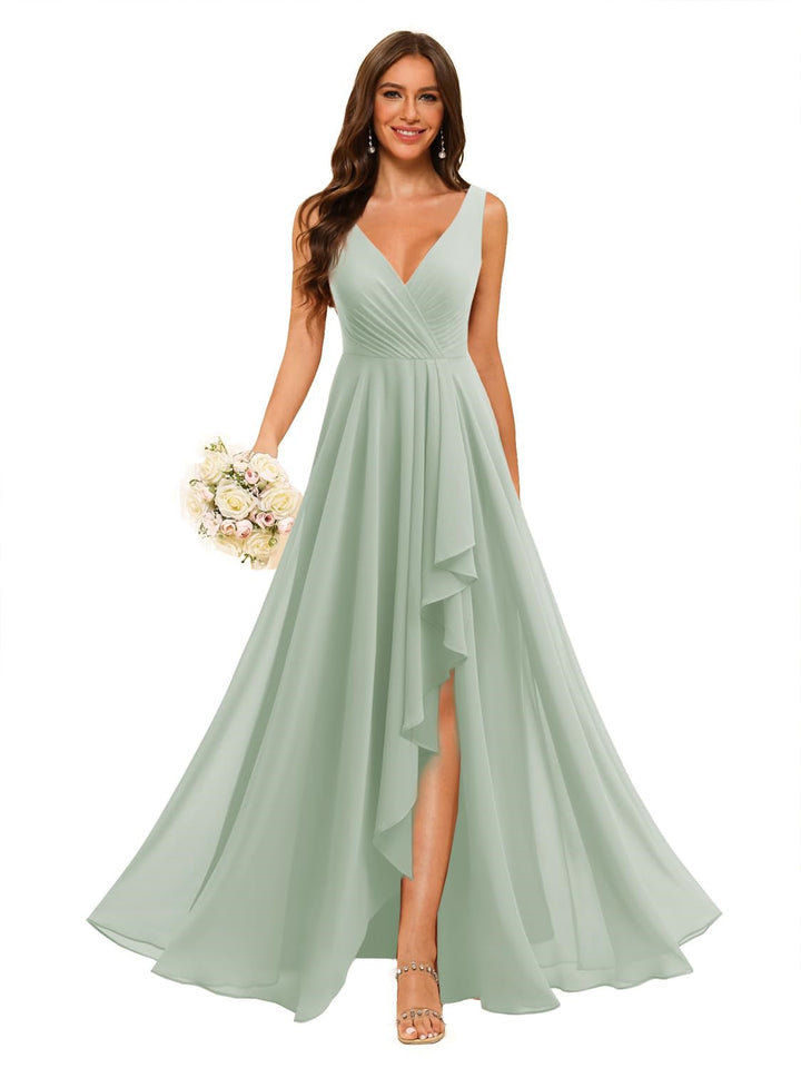 Ligne A/Princesse  Col en V Sans Manches Floor Length  Robes de Demoiselle d'Honneur Mousseline avec Slit Les Poches