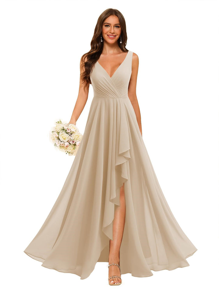 Ligne A/Princesse  Col en V Sans Manches Floor Length  Robes de Demoiselle d'Honneur Mousseline avec Slit Les Poches