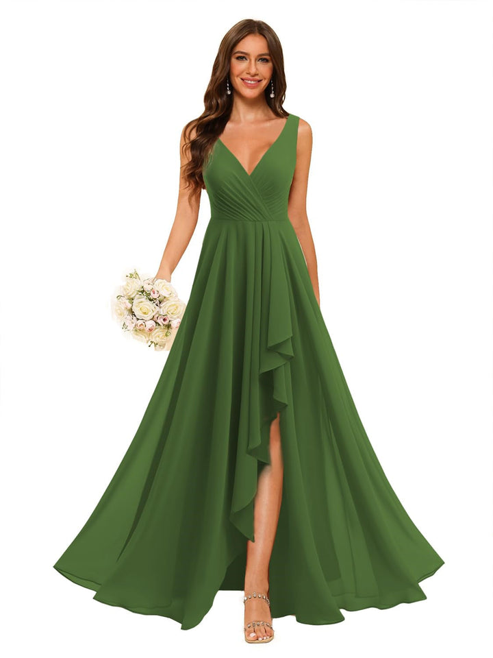 Ligne A/Princesse  Col en V Sans Manches Floor Length  Robes de Demoiselle d'Honneur Mousseline avec Slit Les Poches