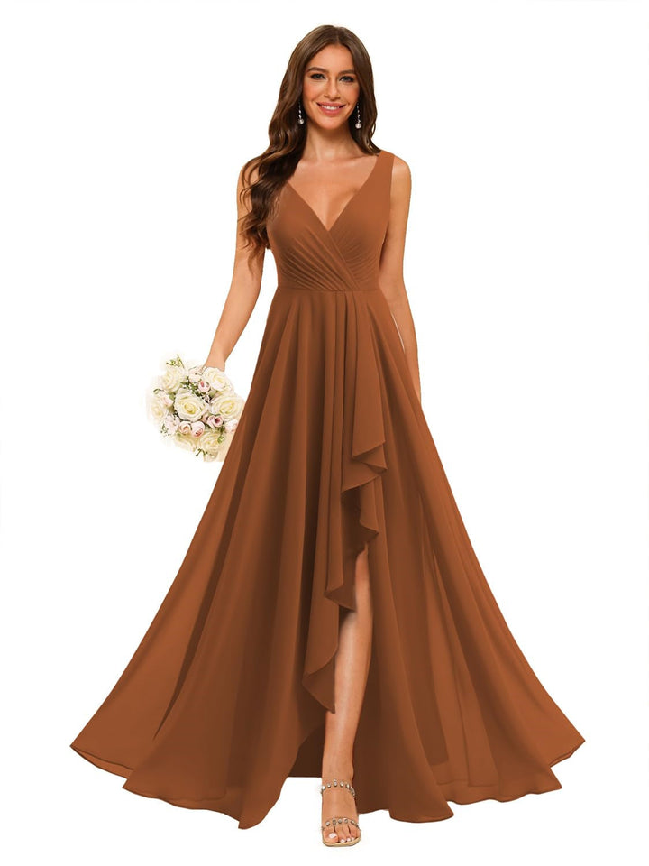 Ligne A/Princesse  Col en V Sans Manches Floor Length  Robes de Demoiselle d'Honneur Mousseline avec Slit Les Poches