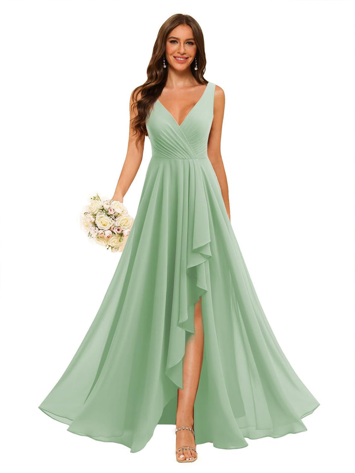 Ligne A/Princesse  Col en V Sans Manches Floor Length  Robes de Demoiselle d'Honneur Mousseline avec Slit Les Poches