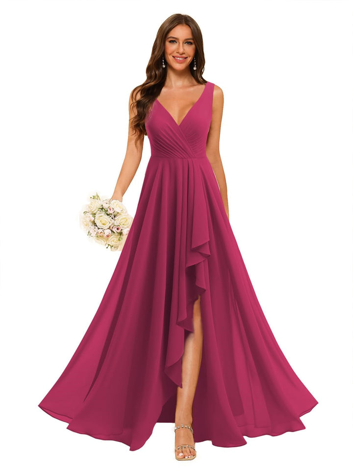 Ligne A/Princesse  Col en V Sans Manches Floor Length  Robes de Demoiselle d'Honneur Mousseline avec Slit Les Poches