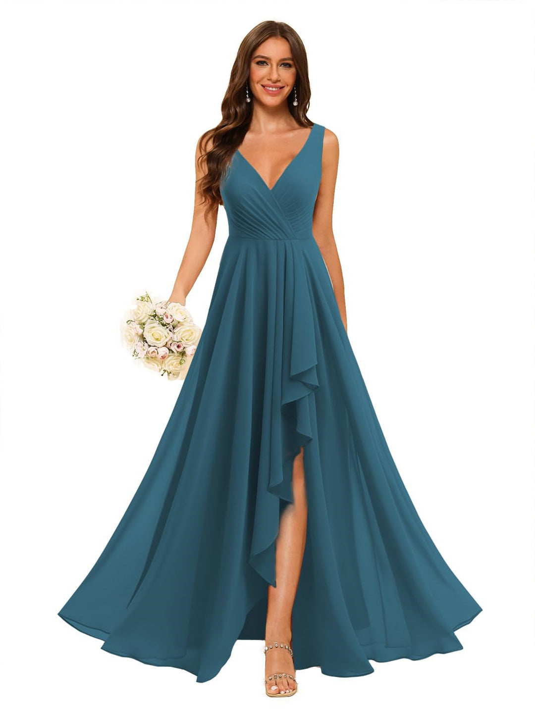 Ligne A/Princesse  Col en V Sans Manches Floor Length  Robes de Demoiselle d'Honneur Mousseline avec Slit Les Poches