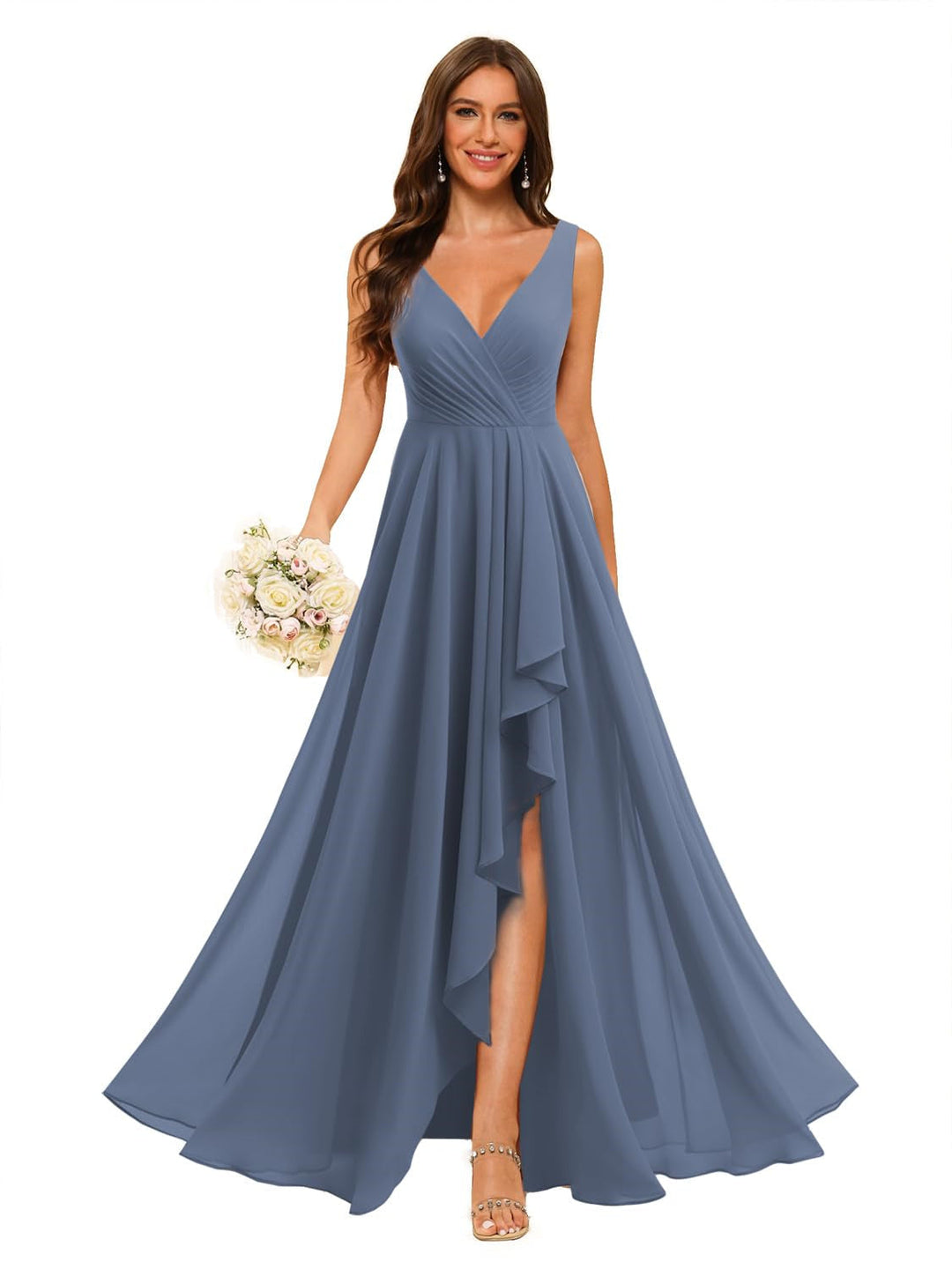 Ligne A/Princesse  Col en V Sans Manches Floor Length  Robes de Demoiselle d'Honneur Mousseline avec Slit Les Poches