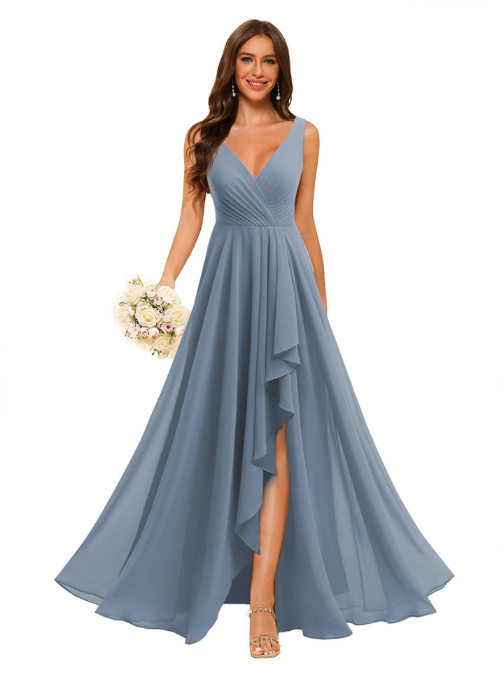 Ligne A/Princesse  Col en V Sans Manches Floor Length  Robes de Demoiselle d'Honneur Mousseline avec Slit Les Poches