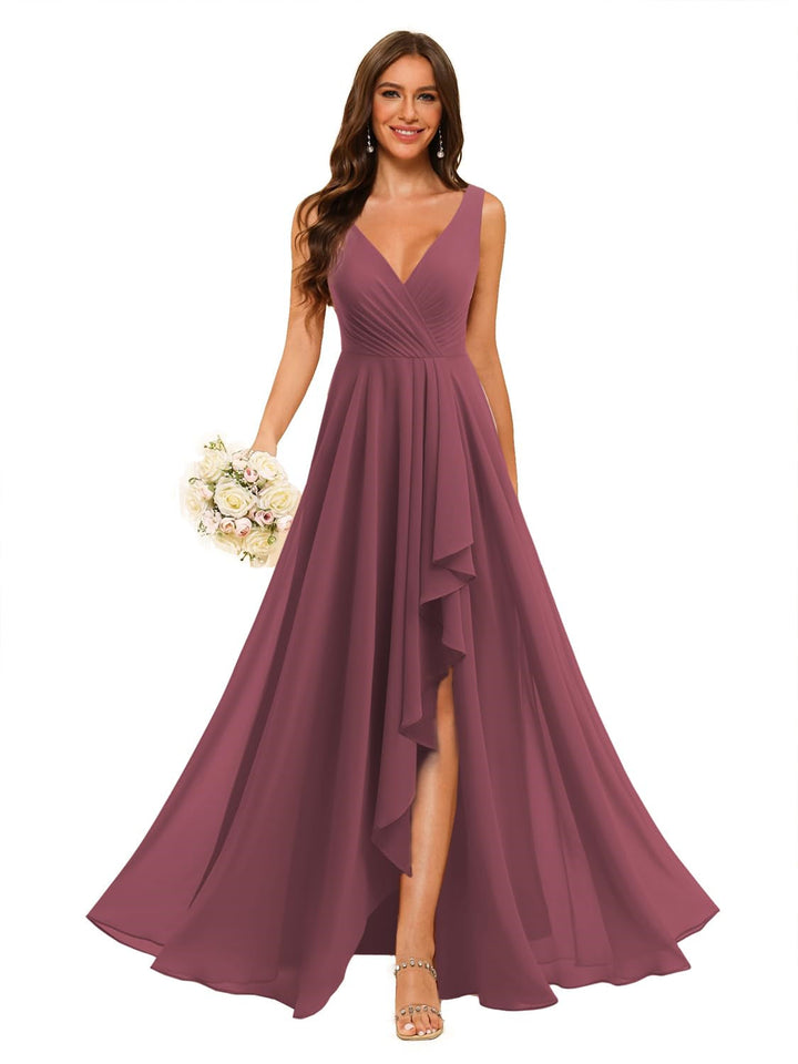 Ligne A/Princesse  Col en V Sans Manches Floor Length  Robes de Demoiselle d'Honneur Mousseline avec Slit Les Poches