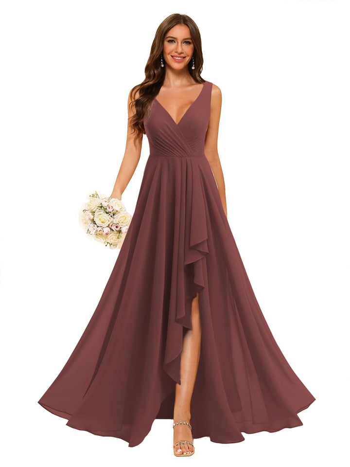 Ligne A/Princesse  Col en V Sans Manches Floor Length  Robes de Demoiselle d'Honneur Mousseline avec Slit Les Poches